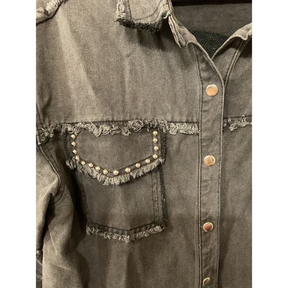 Vintage Havana Studded Peace Sign Twill Black Oversized Shacket, S - Picture 8 of 11